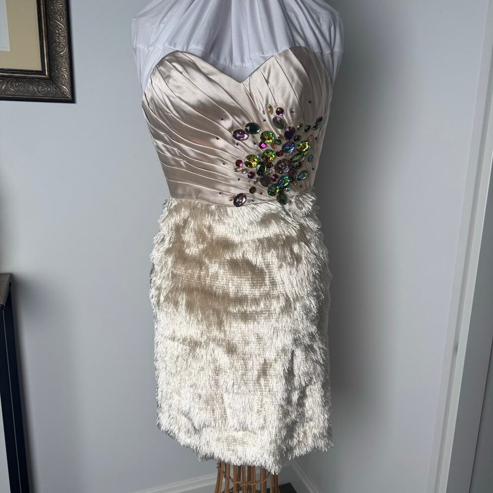 DWTS Gatsby Y2K Pageant Glam Champagne Fringe Mini Dress Jewel Beaded HoCo 4⁠